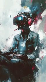 Cyberpunk gamer in VR headset amid abstract neon haze