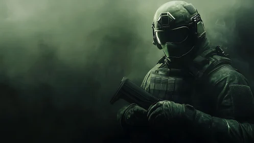 Armored tactical soldier emerges from cinematic green fog field