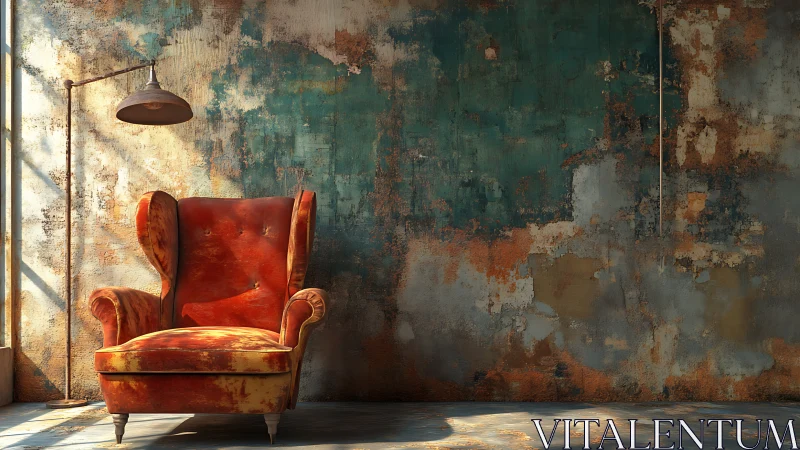 Aged armchair anchors an industrial loft with patina-rich wall