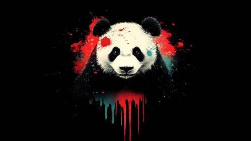 Splattered neon panda portrait on stark black field.