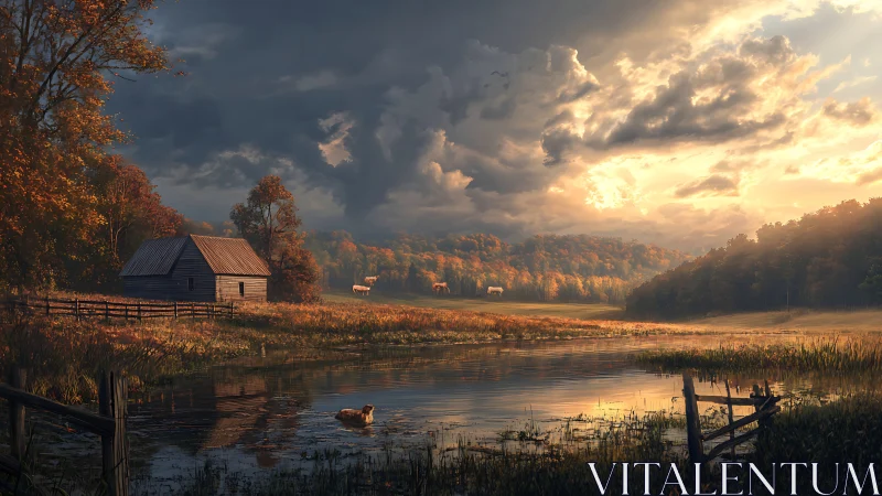 Golden autumn farm pond glowing under dramatic skies.
