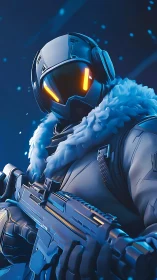 Futuristic arctic soldier with neon visor and rifle.