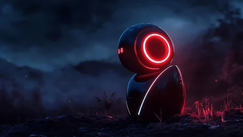 Nocturnal neon scout bot watching stormlit horizons.