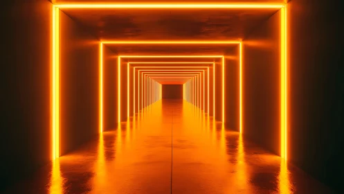 Rectangular tunnel contains repeated orange neon light frames