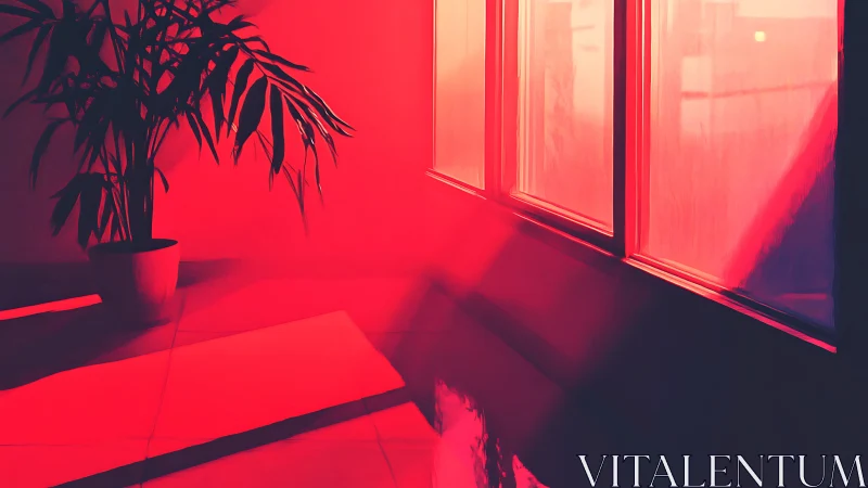 Chromatic window light saturates potted plant silhouette