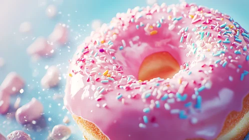 Pink frosted donut with vibrant sprinkles against dreamy sky.
