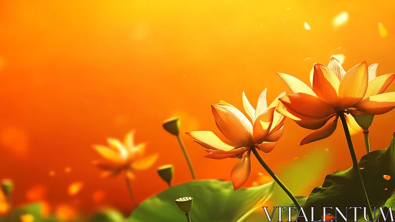 Golden Lotus Flowers Blooming Against Warm Sunset Sky.