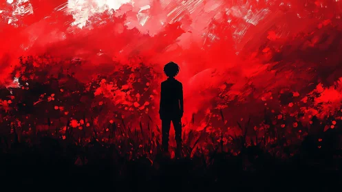 Silhouette child adrift in a crimson storm of painted fire.
