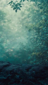 Misty Forest Scene With Verdant Foliage And Stone.