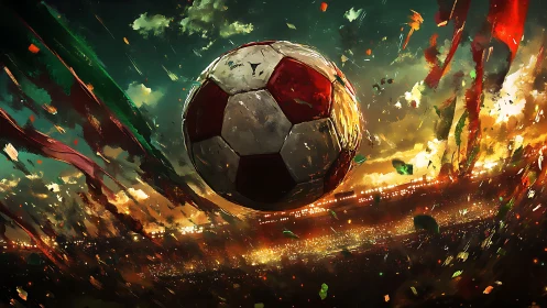 Soccer ball suspended over illuminated stadium field scene.