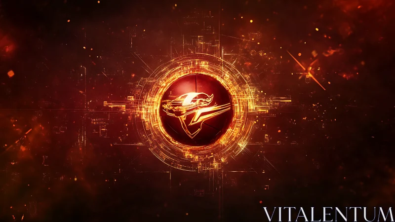 Centralized circular emblem integrates with glowing circuit ring