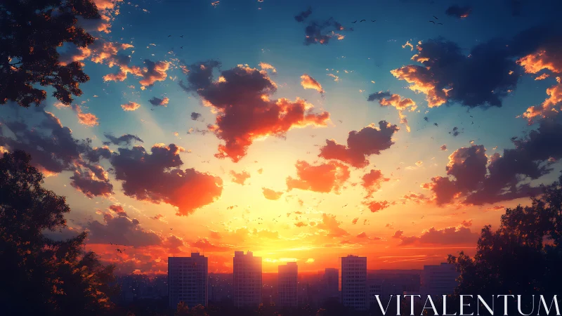 Radiant volumetric sunset over midrise urban skyline.