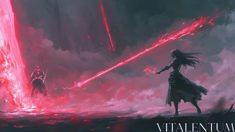 Vectorized crimson beam duel in storm-saturated wasteland.