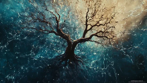Bifurcated arboreal system suspended in turbulent aqua field.