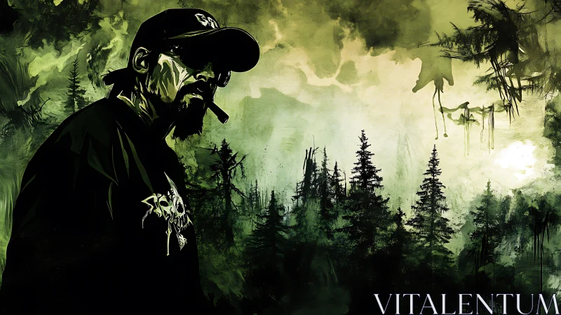 Moody forest wanderer wrapped in smoke and shadowed light.