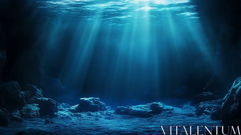 Sunlit underwater cave floor shows rocky terrain clearly