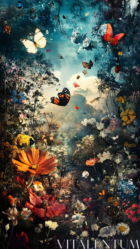 Butterfly skyway above a spellbound twilight wildflower path.