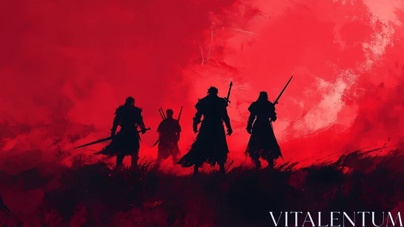 Crimson horizon calls four shadowed warriors to battle.