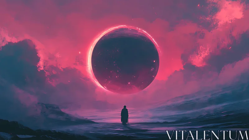 Solitary wanderer watches a glowing cosmic eclipse rise