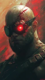 Cyborg soldier portrait with red ocular implant device.