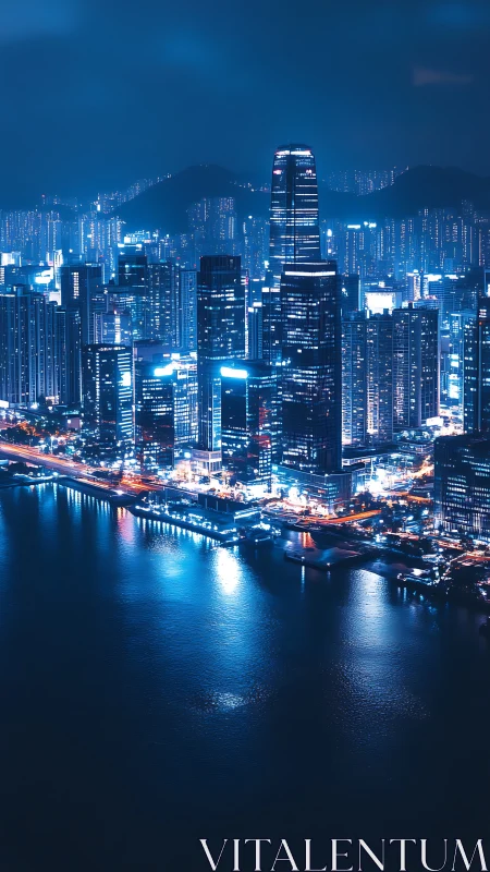 Midnight harbor skyline glowing in cool electric blues.