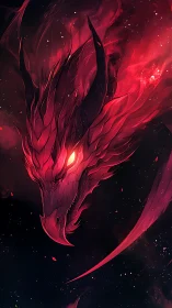Crimson nebula dragon head with glowing ember eye in void