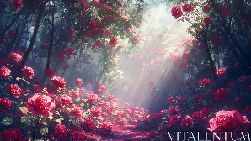Luminous Rose Garden Path Through Forest Canopy.