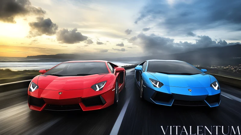 Dueling red and blue supercars chasing twilight horizons.