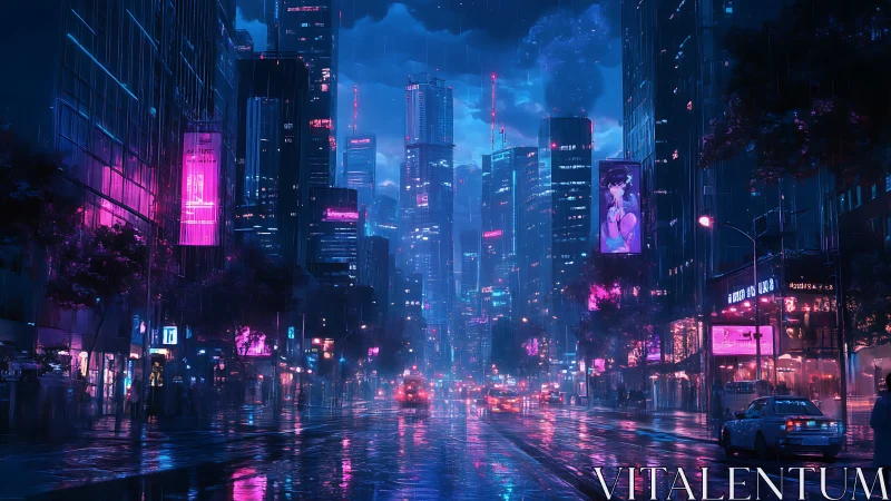 Cyberpunk rain-soaked avenue with neon megastructures at night.