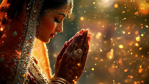 Bridal portrait in prayer with glowing festive bokeh.