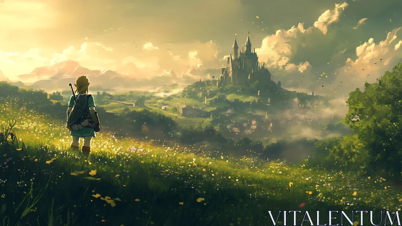 Lone meadow wanderer gazes toward mist crowned castle dreamscape.