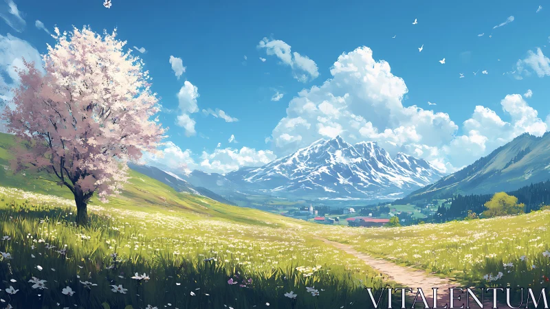 Peaceful spring meadow path beneath snow crowned mountains.