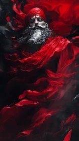 Scarlet-clad mystic rests in a swirling storm of red light