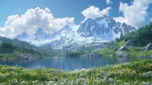 Snowcapped mountain lake under bright spring daylight.