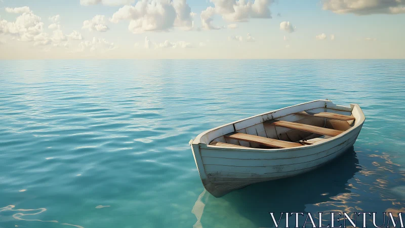 Weathered wooden rowboat floats on calm turquoise sea surface