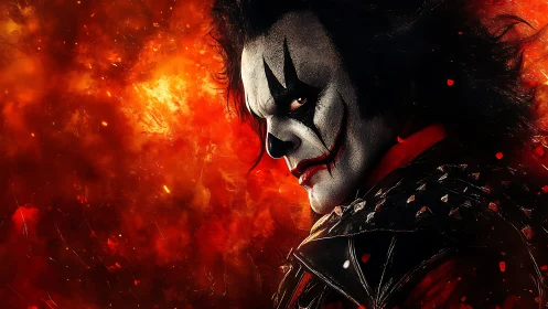 Sinister clown portrait against blazing inferno backdrop.