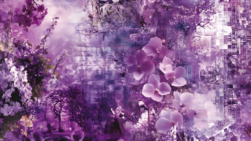 Lavender blossoms merge with abstract city reflections in dreamscape.