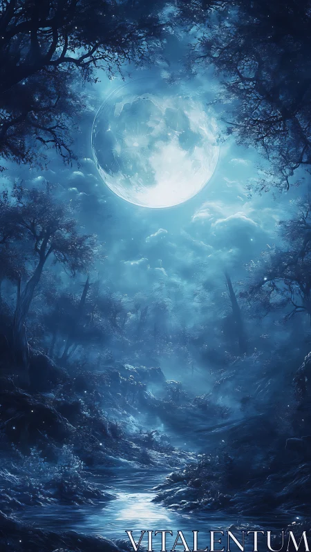 Moon-bleached riverpath under whispering midnight canopy.