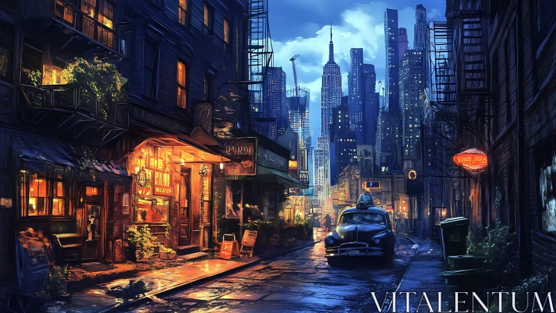 Rain-soaked neon alley frames a nostalgic city nightscape