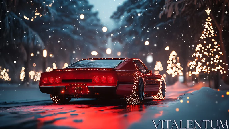 Red sports car glows with festive lights on snowy street.