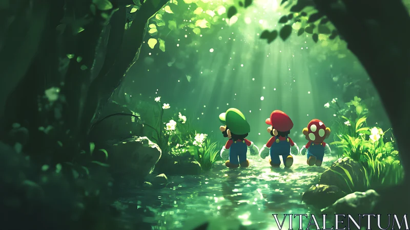 Cartoon plumbers and mushroom figure in lush forest stream.