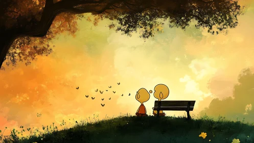 Two figures contemplating golden sunset from park bench.