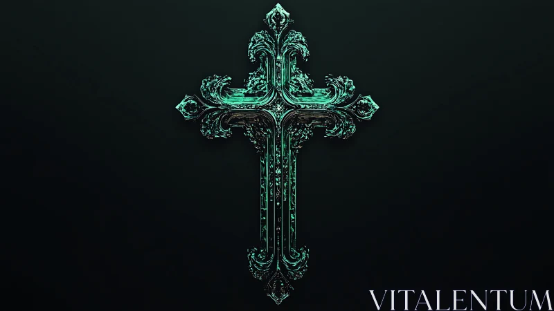Intricate emerald cross glows against deep shadowed background.