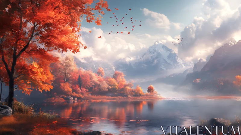 Golden autumn lake reflects misty mountains at sunrise