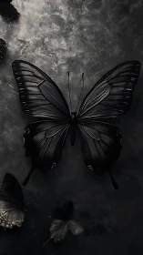 Dark monochrome butterfly on textured shadowed stone.