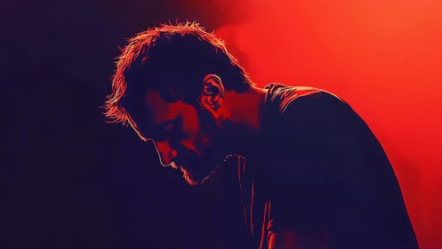 Silhouetted man in red and violet digital portrait lighting