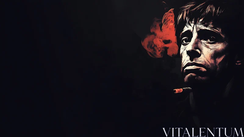 Brooding smoker portrait against deep black void.