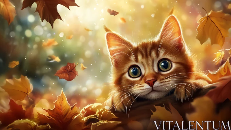 Luminous Kitten Portrait amid Autumnal Bokeh and Falling Leaves