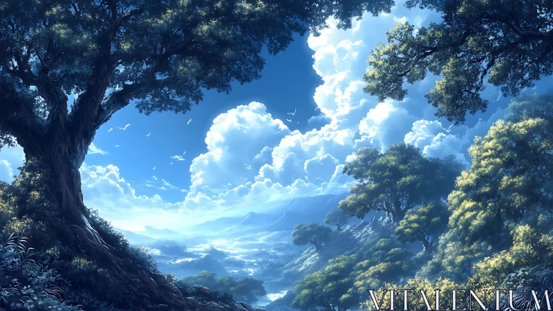 Digital landscape composition with atmospheric perspective and luminous sky rendering