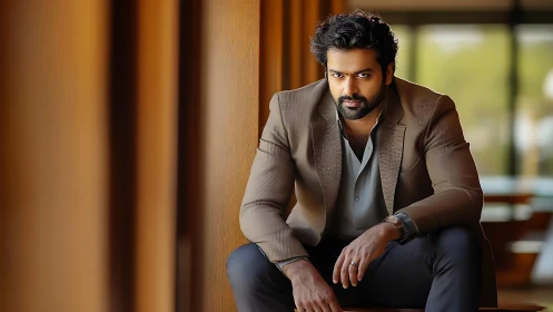 Intense businessman seated in corridor with warm bokeh light.